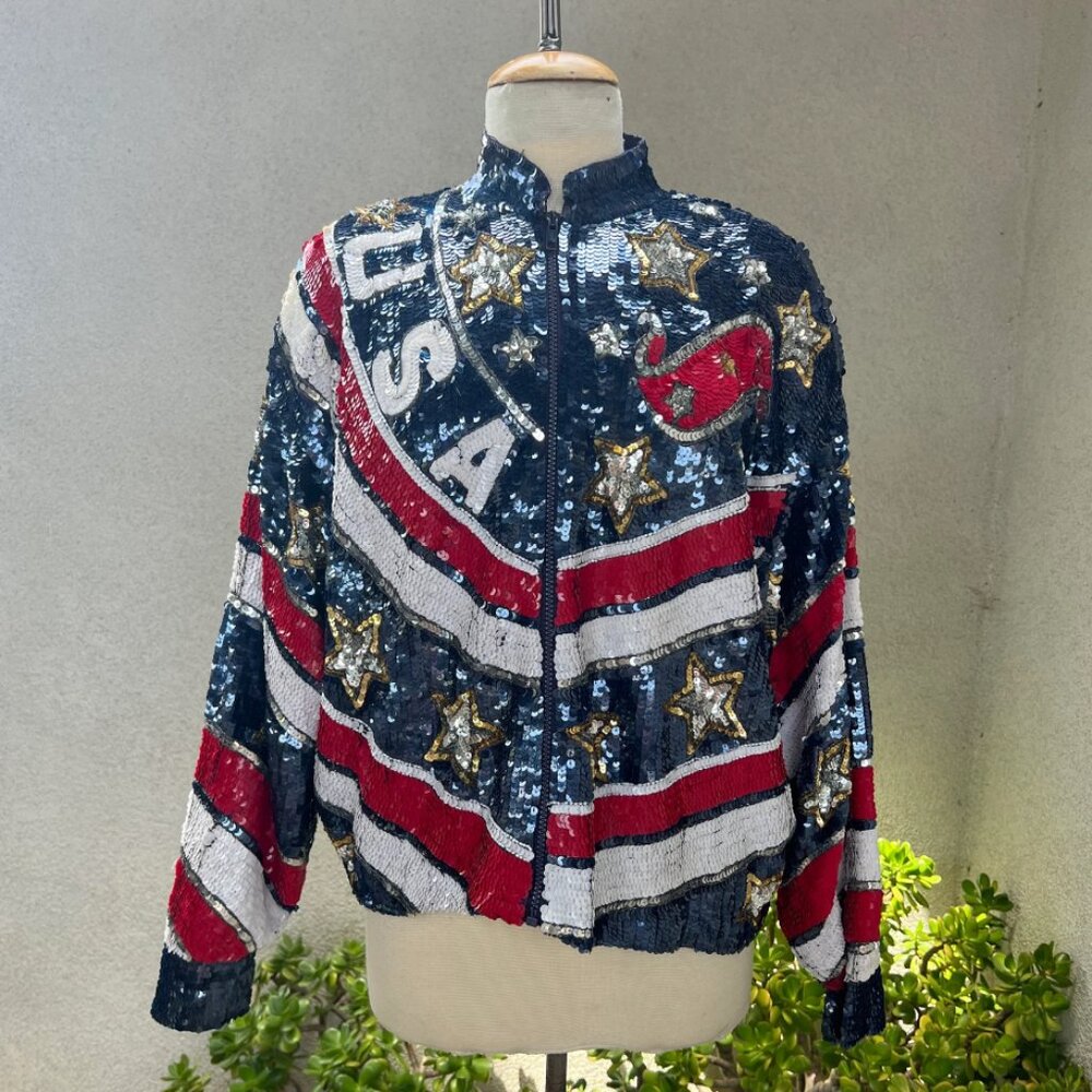 Vintage MODI Sequin American Flag Jacket – Hand Beaded Silk – New With Tags